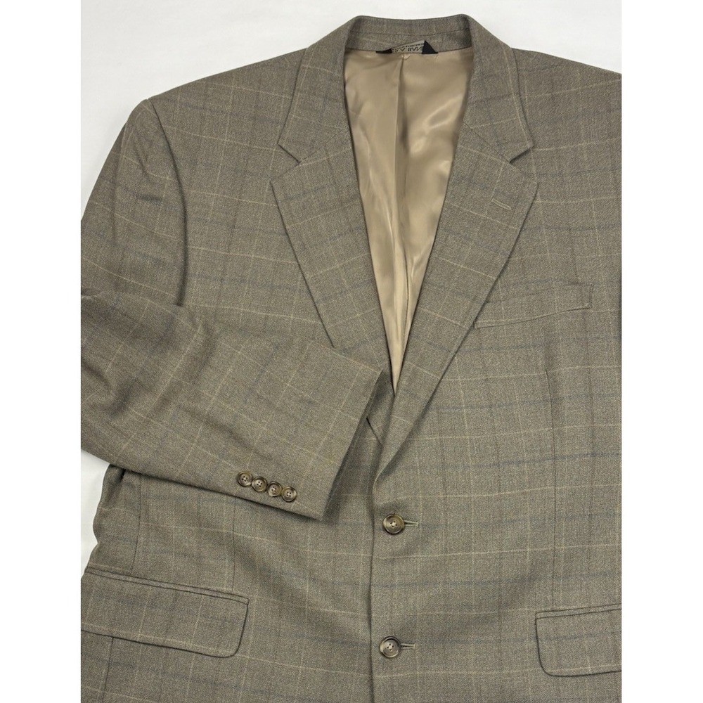 Jos A Bank Silk/Wool Sport Coat 46R Brown w/Tan/Blue Windowpane Plaid EUC